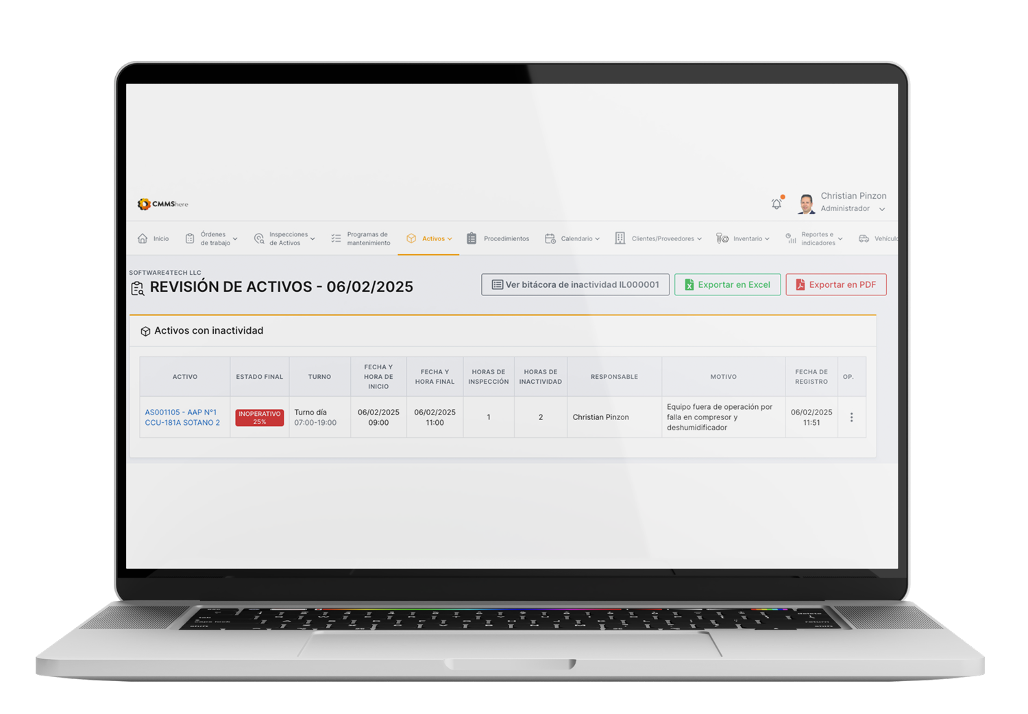 CMMS here Asset list page on a laptop