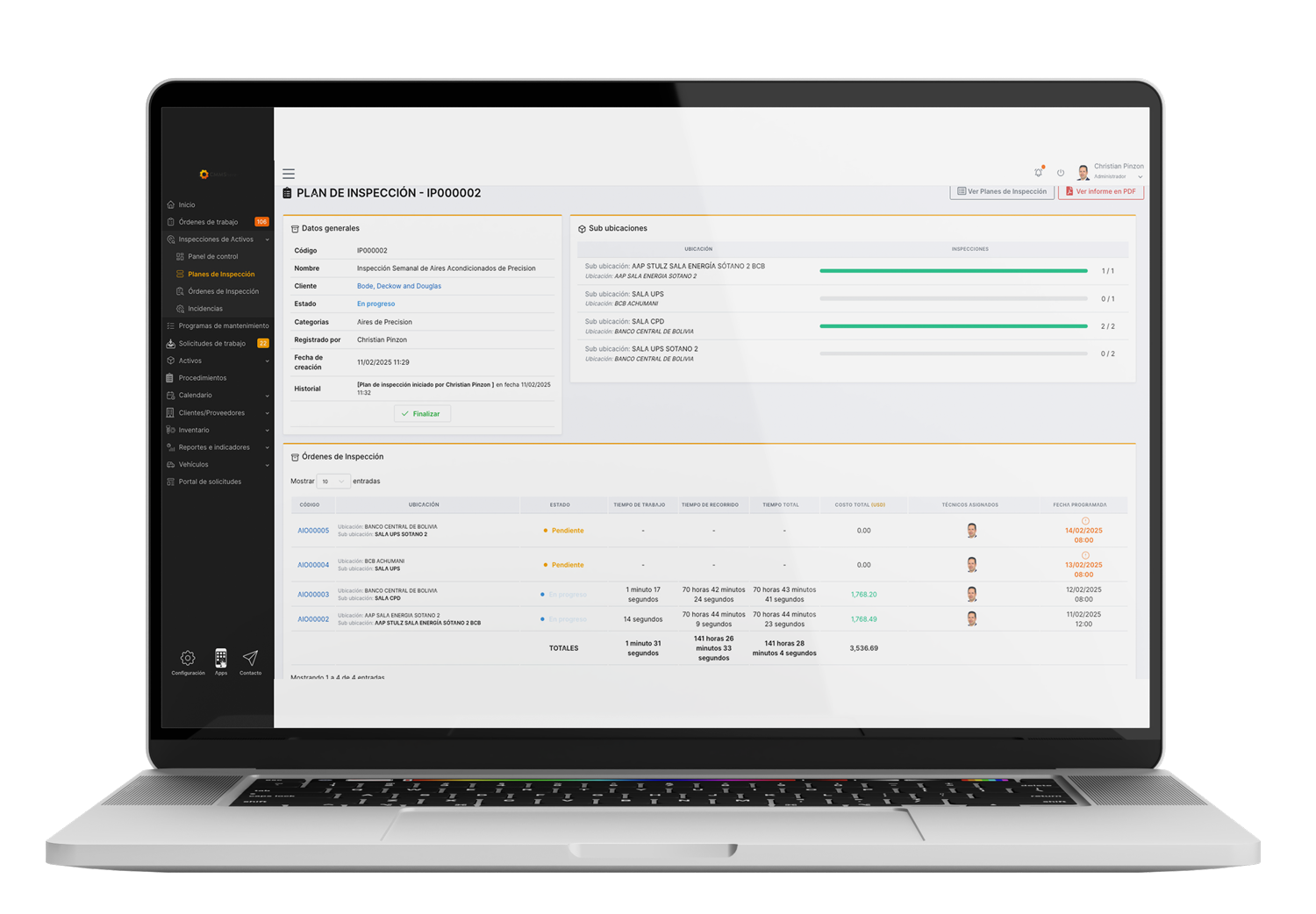 Cmmshere platform showing the inspection page on a laptop