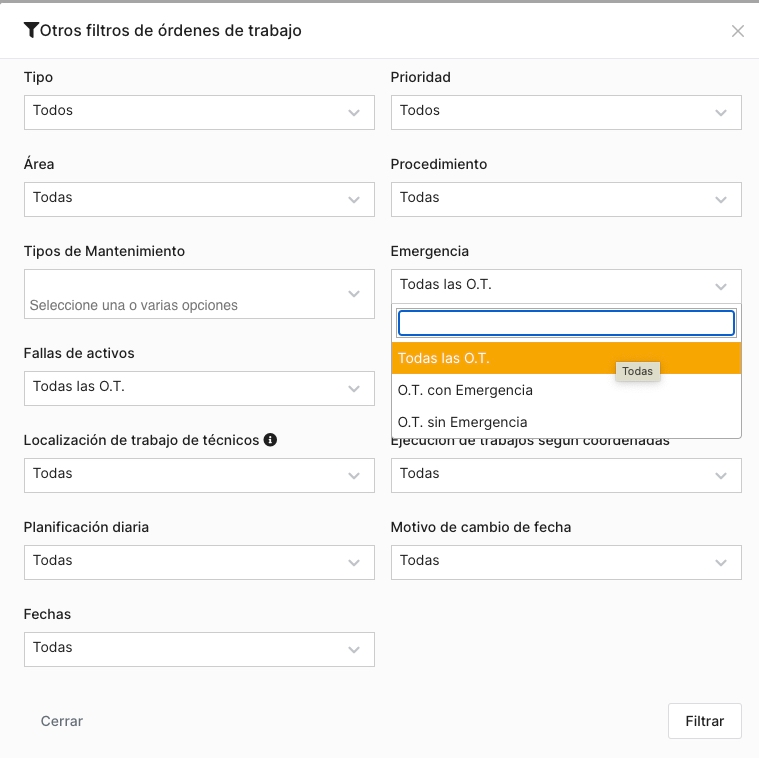 Work Order Filters Emergency section