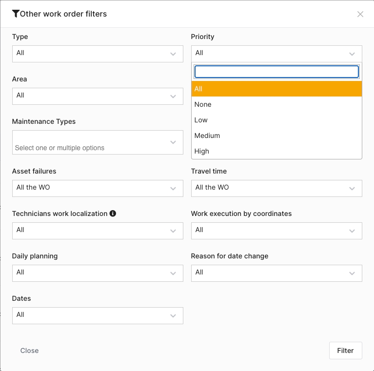 Work order Filters Priority Section