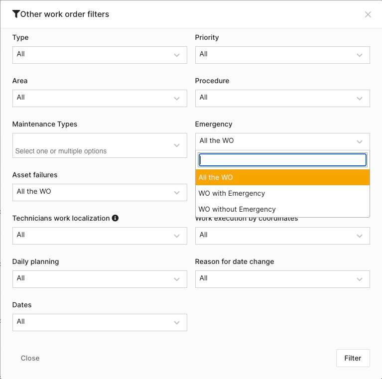 Work Orders Filters Emergency Sections